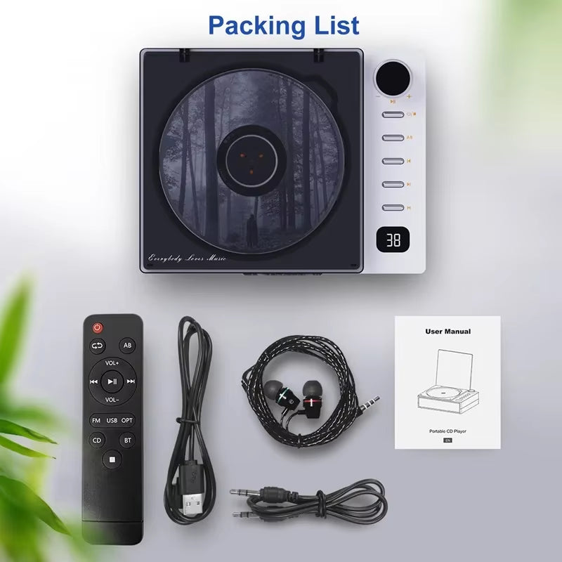BYH-201 DVD Player Wireless CD Machine Portable Retro Disc Album CD Player Built-In Speakers with with Earphone Remote Control