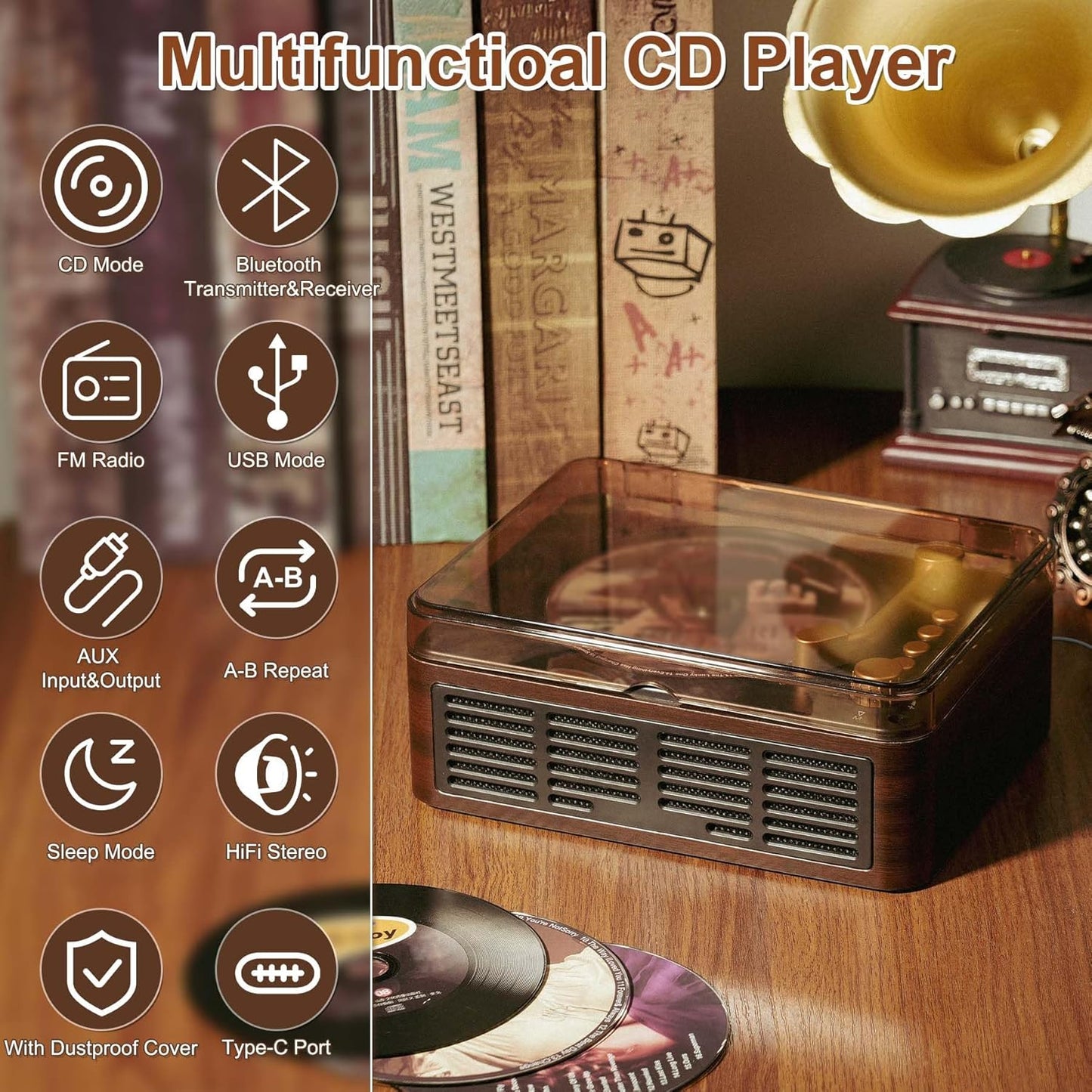 Portable CD Player Bluetooth with Speakers - Desktop CD Players for Home, Built