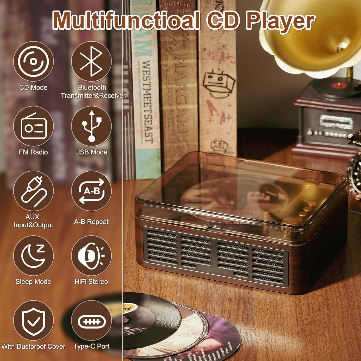 Portable CD Player Bluetooth with Speakers - Desktop CD Players for Home, Built