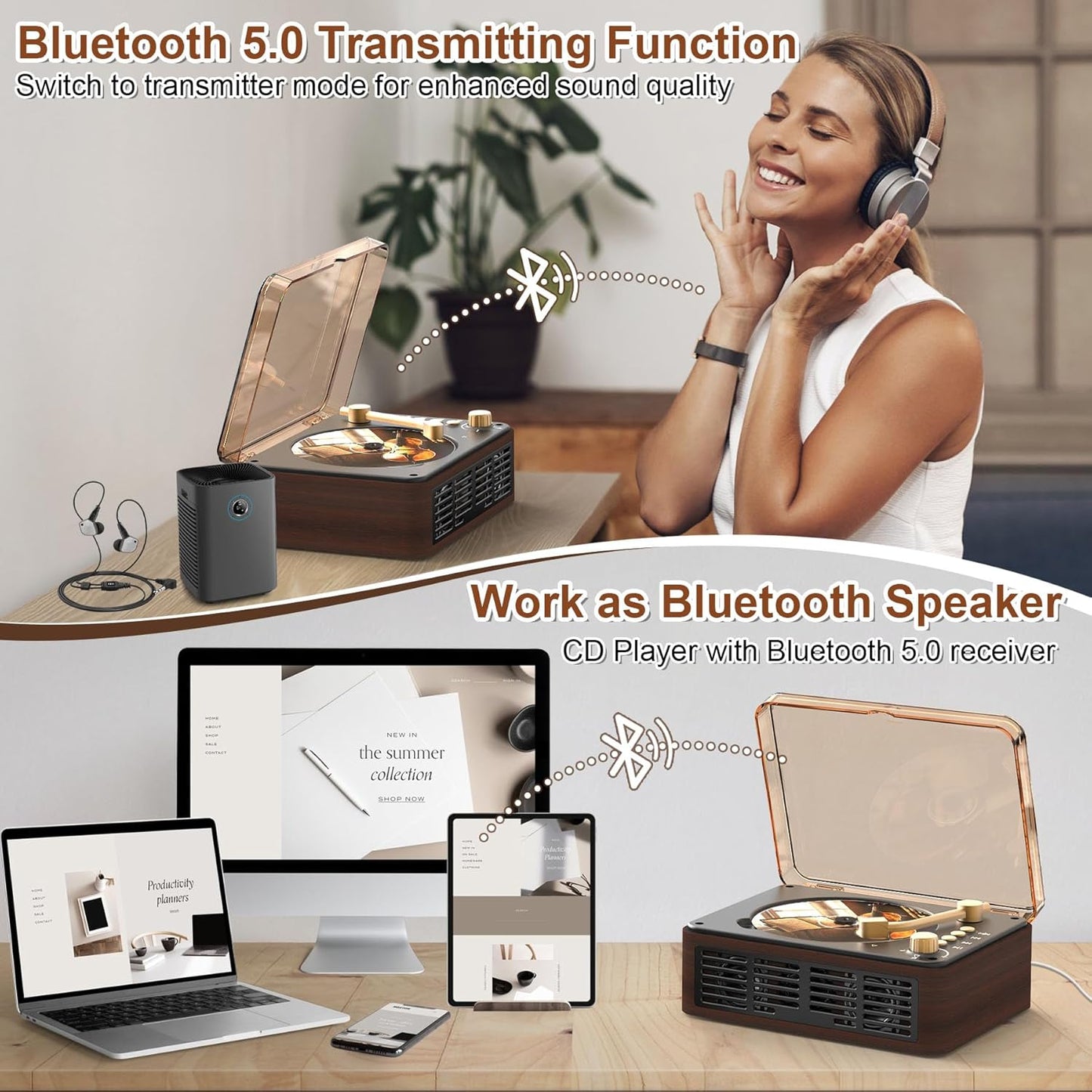 Portable CD Player Bluetooth with Speakers - Desktop CD Players for Home, Built