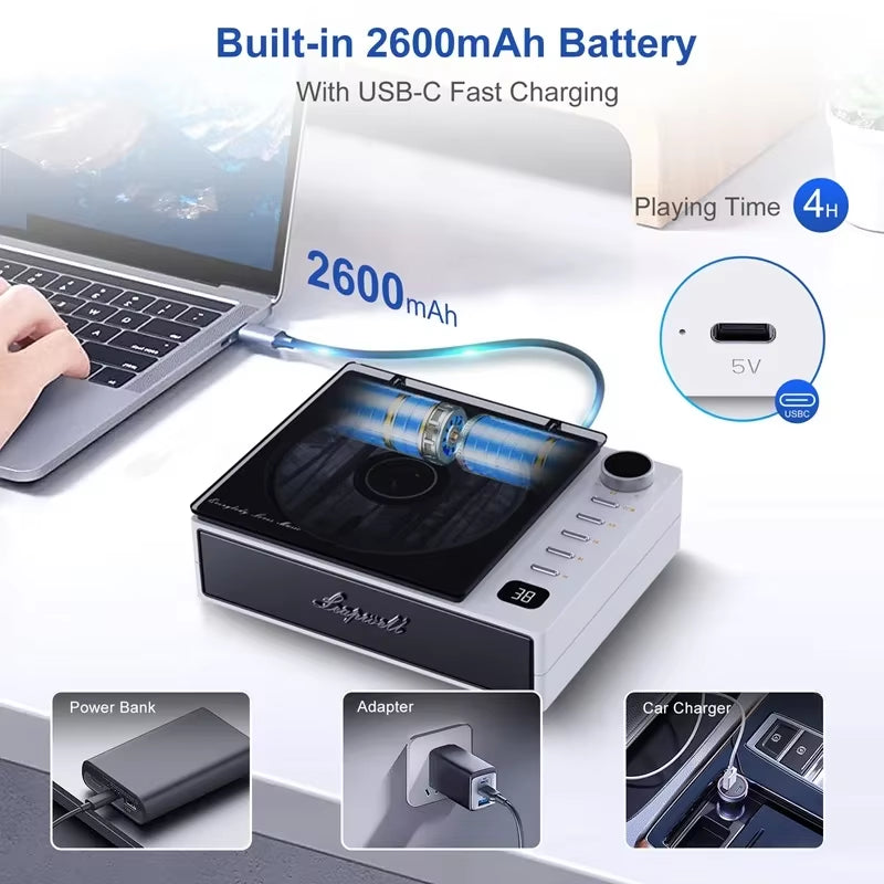 BYH-201 DVD Player Wireless CD Machine Portable Retro Disc Album CD Player Built-In Speakers with with Earphone Remote Control